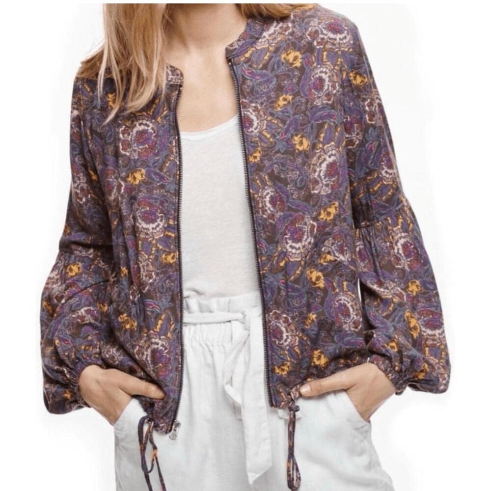 Free People Multicolor Zip Up Floral Bomber Jacket Spring Balloon Sleeve Small
